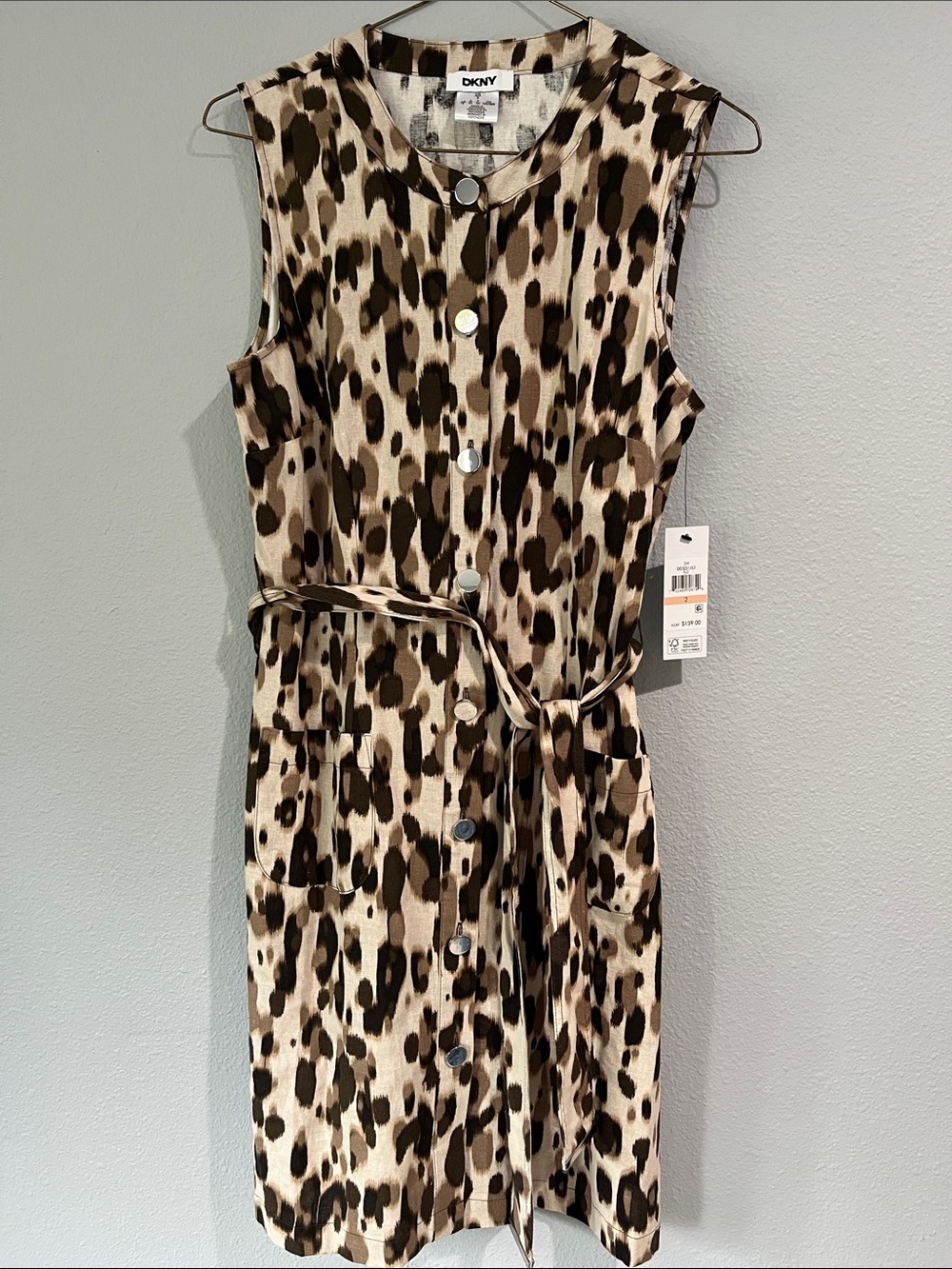 DKNY Beige and Brown Leopard Print Sleeveless Button Dress